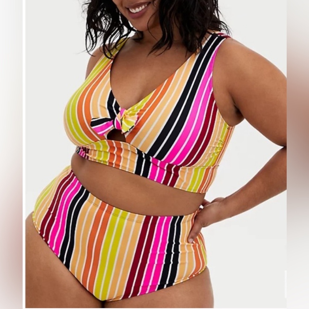 Torrid striped front tie bikini top.
